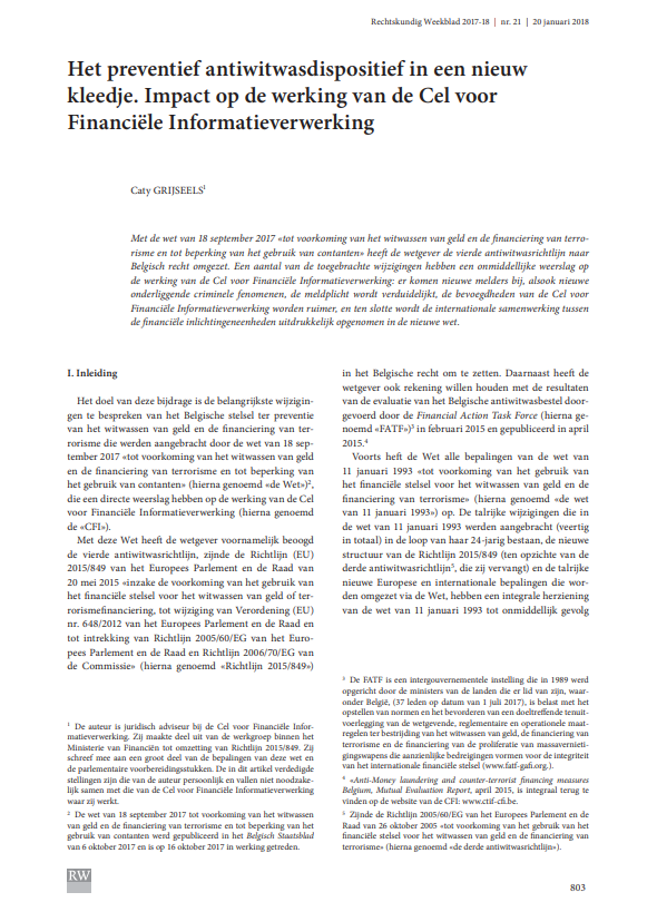 Het preventief antiwitwasdispositief in een nieuw kleedje. Impact op de werking van de Cel voor Financiële Informatieverwerking