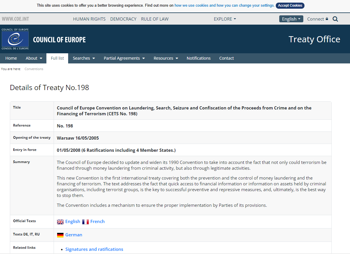 Council of Europe Convention on Laundering, Search, Seizure and Confiscation of the Proceeds from Crime and on the Financing of Terrorism (16 mei 2005)