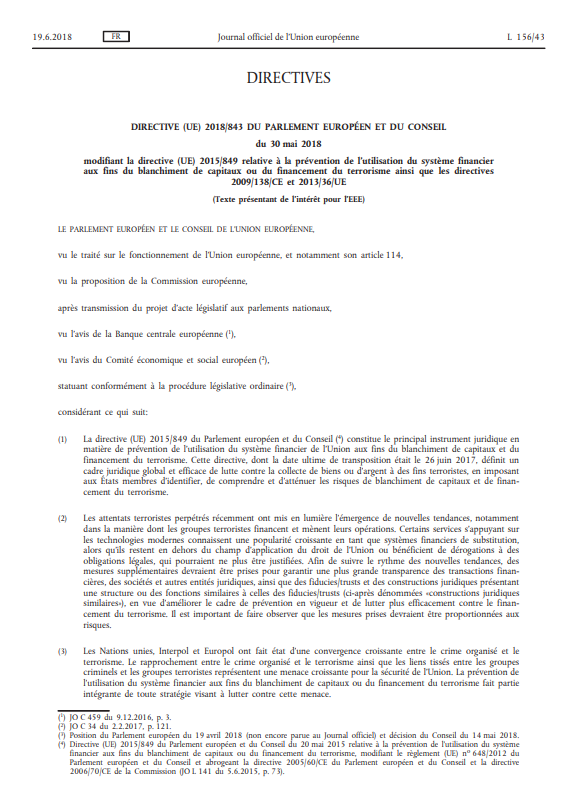 Directive (UE) 2018/843 du Parlement Européen et du Conseil du 30 mai 2018