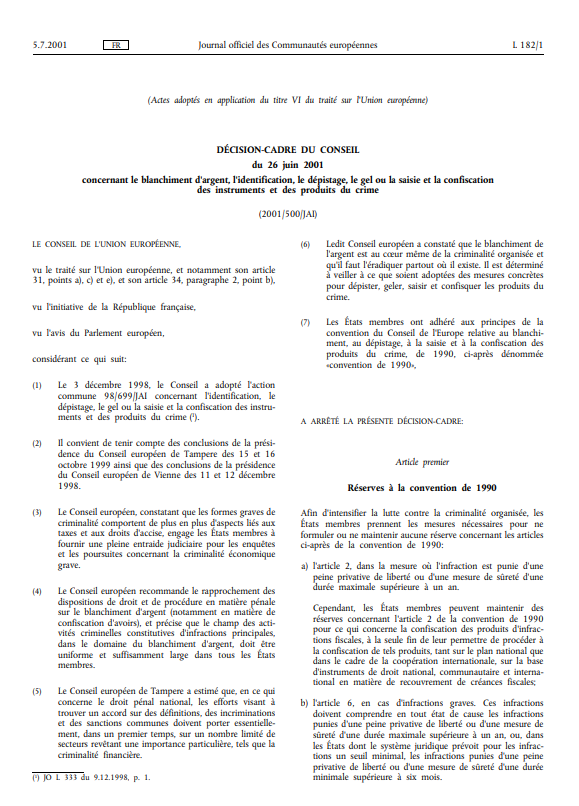 Décision-Cadre du Conseil du 26 juin 2001